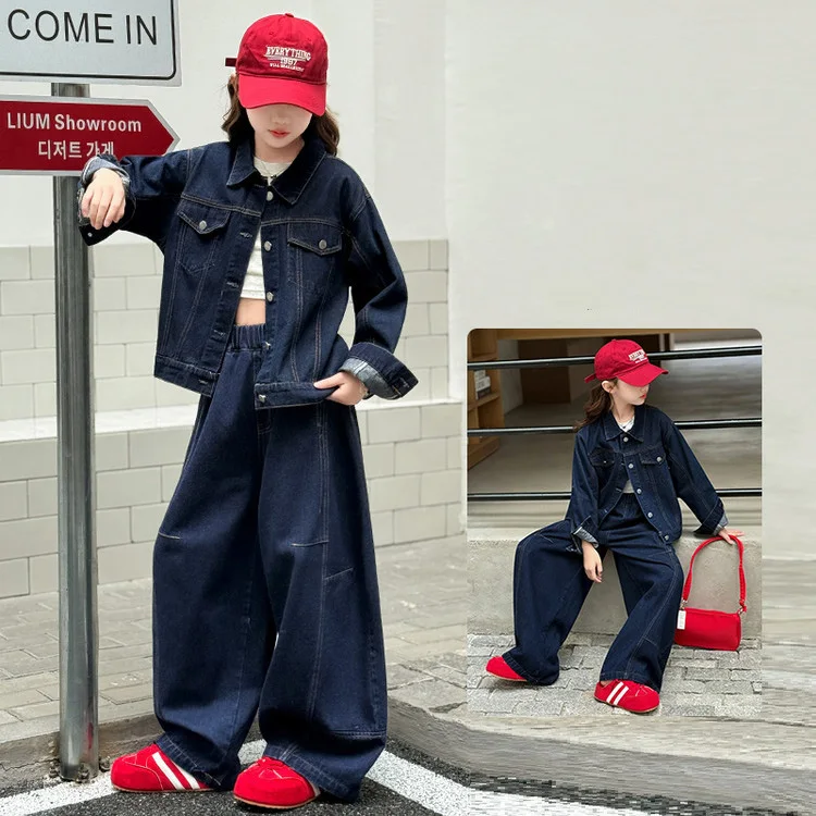 

School Girl Two-piece Set Autumn Solid Long Sleeves Kid Girl Denim Outift Turn Down Collar Coat Children Girl Elastic Waist Jean