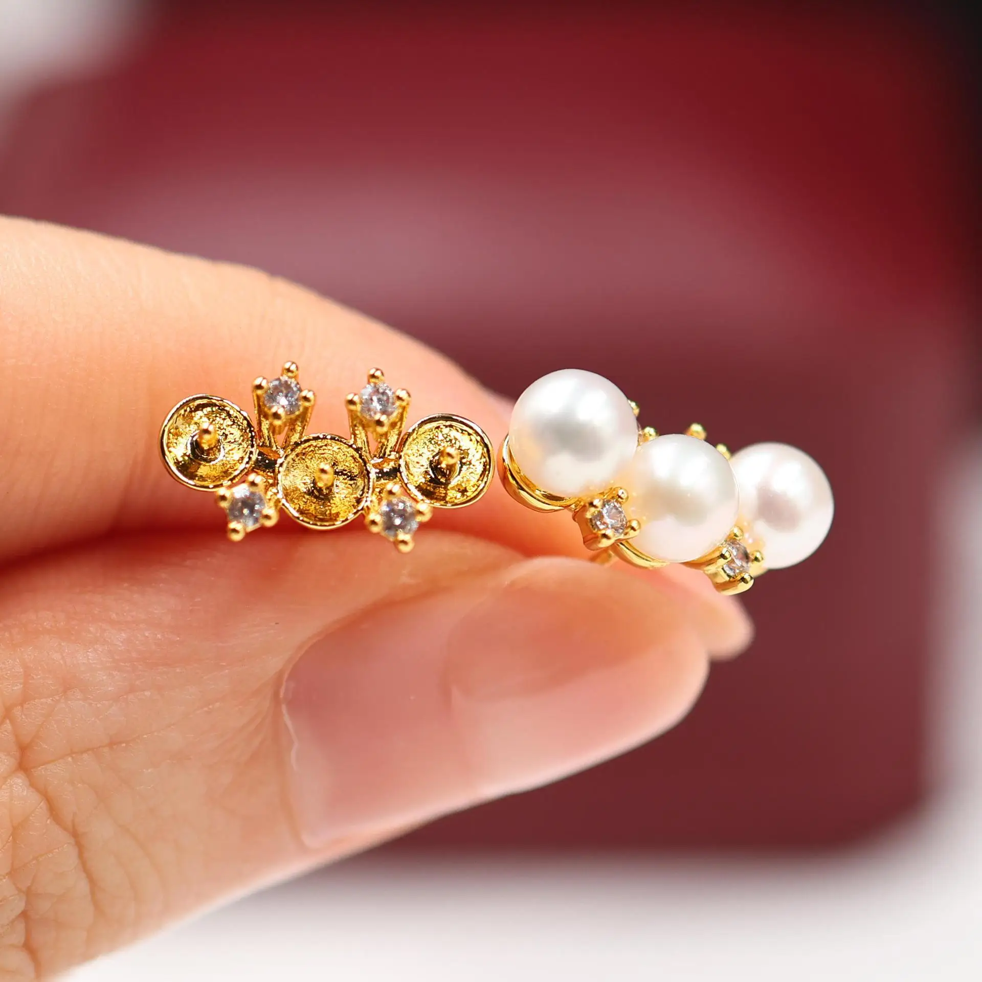 Gold Plated Brass Triple CZ S925 Silver Needle Base Women DIY Pearl Earring Supplies Luxury Niche For 4-5mm Pearls
