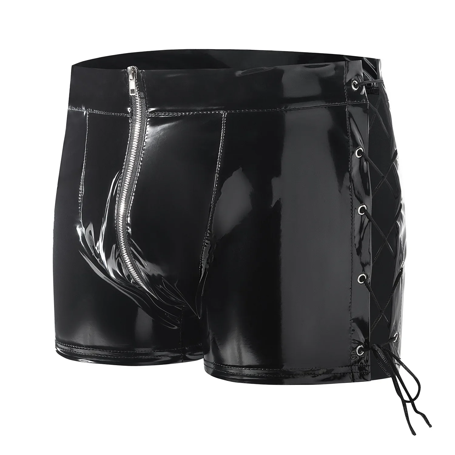 Sexy Men Wet Look PVC Leather Boxers Shorts Zipper Open Crotch Bulge Pouch Shiny Latex Short Pants Side Lace Up Bandage Clubwear