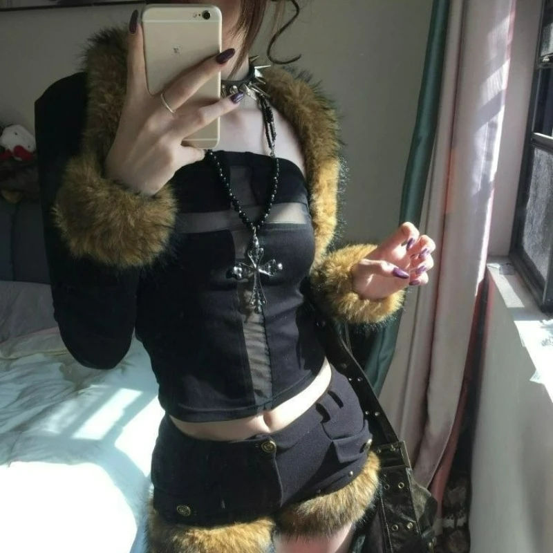 

Y2k Aesthetics Retro Lolita 3 Piece Sets Women Gothic Design Fur Short Coat Slim Top Black Pants Female Harajuku Fashion Outfits