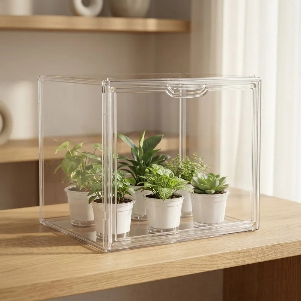 Tabletop For Mini Greenhouse Clear Plastic Construction Magnetic Door for Indoor Plants 36x25x28cm Stackable Unit
