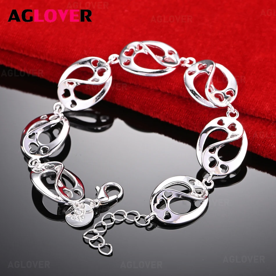 

AGLOVER 925 Sterling Silver Hollow Heart Button Bracelet Charming Fashion Wedding Jewelry