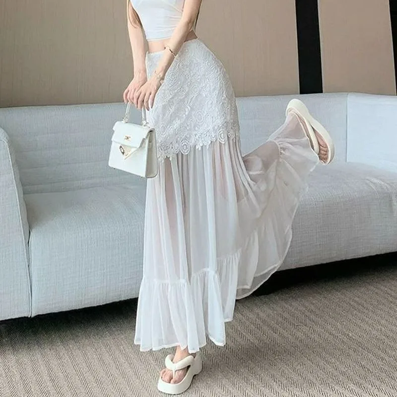 Chic Beautiful High-waisted Simple Solid Color 2025 Summer New Office Lady Fashion Lace Splicing Mesh A-word Skirt
