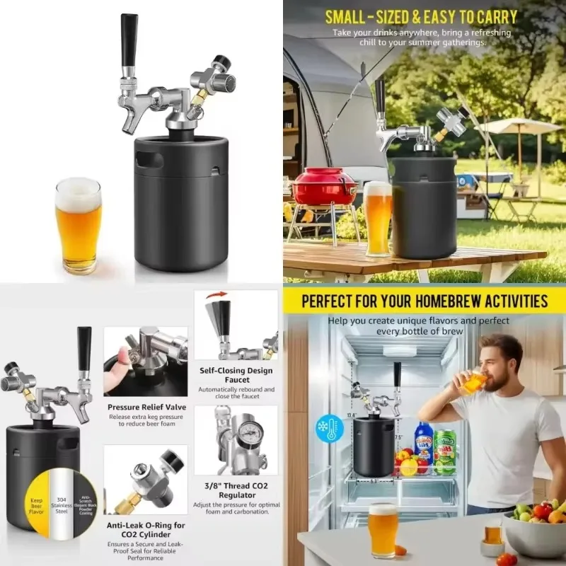 64oz Stainless Mini Keg Growler Portable Draft Beer Dispenser Tap System Pressurized with Beer Tap CO2 Regulator to Keep