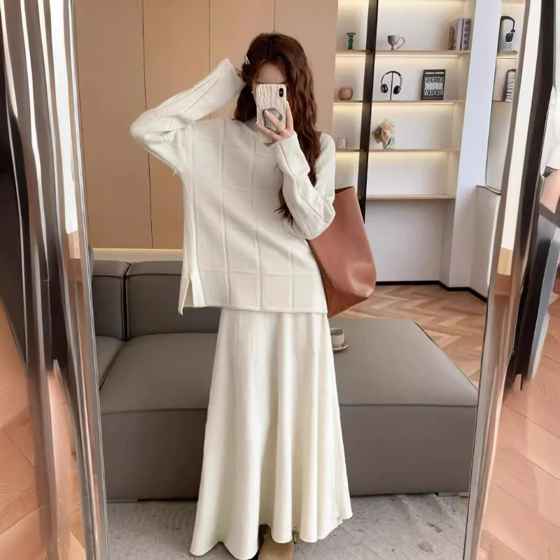 

Женские комплекты юбок из двух предметов, вязаные пуловеры с полувысоким воротником, свитер, уличная одежда, одинаковые комплекты, длинные юбки, вязаные осень 2025 г.