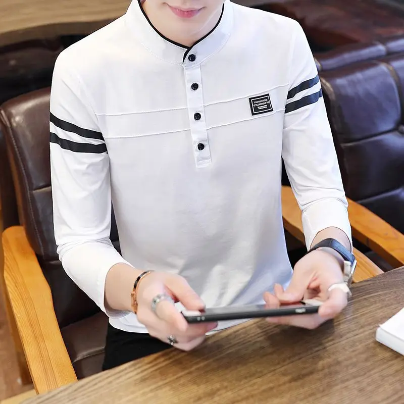 Men Clothing Spring Autumn Korean Fashion Print Button Basic Polo T-shirt Male Casual Stand Collar Long Sleeve Slim Cotton Tops