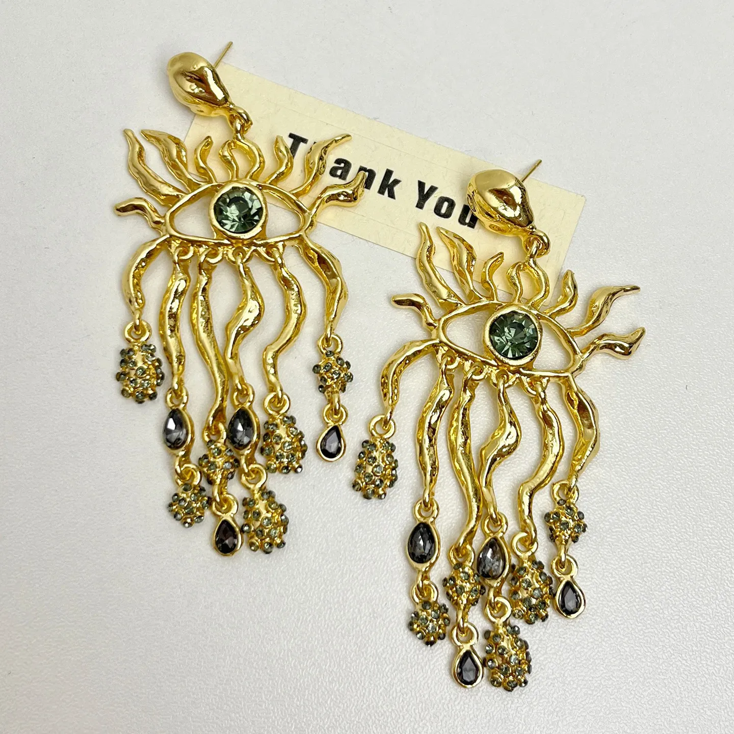 

Evil Eye Sunburst Dangle Earrings Gold Plated large long Tassel Earrings for Women fashion jewelry