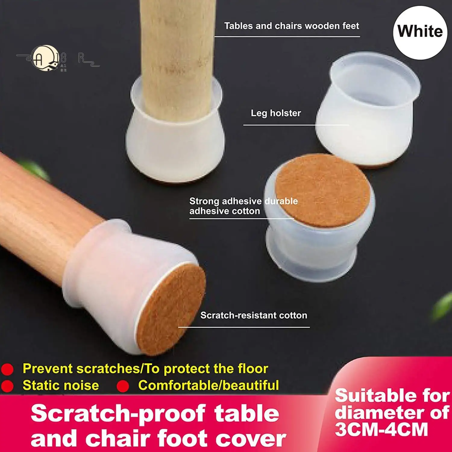 

A18R -Silicone Chair Leg Caps With Felt Pads - Free Moving Table Leg Covers, 16 Pcs Stool Leg Protectors - Transparent White