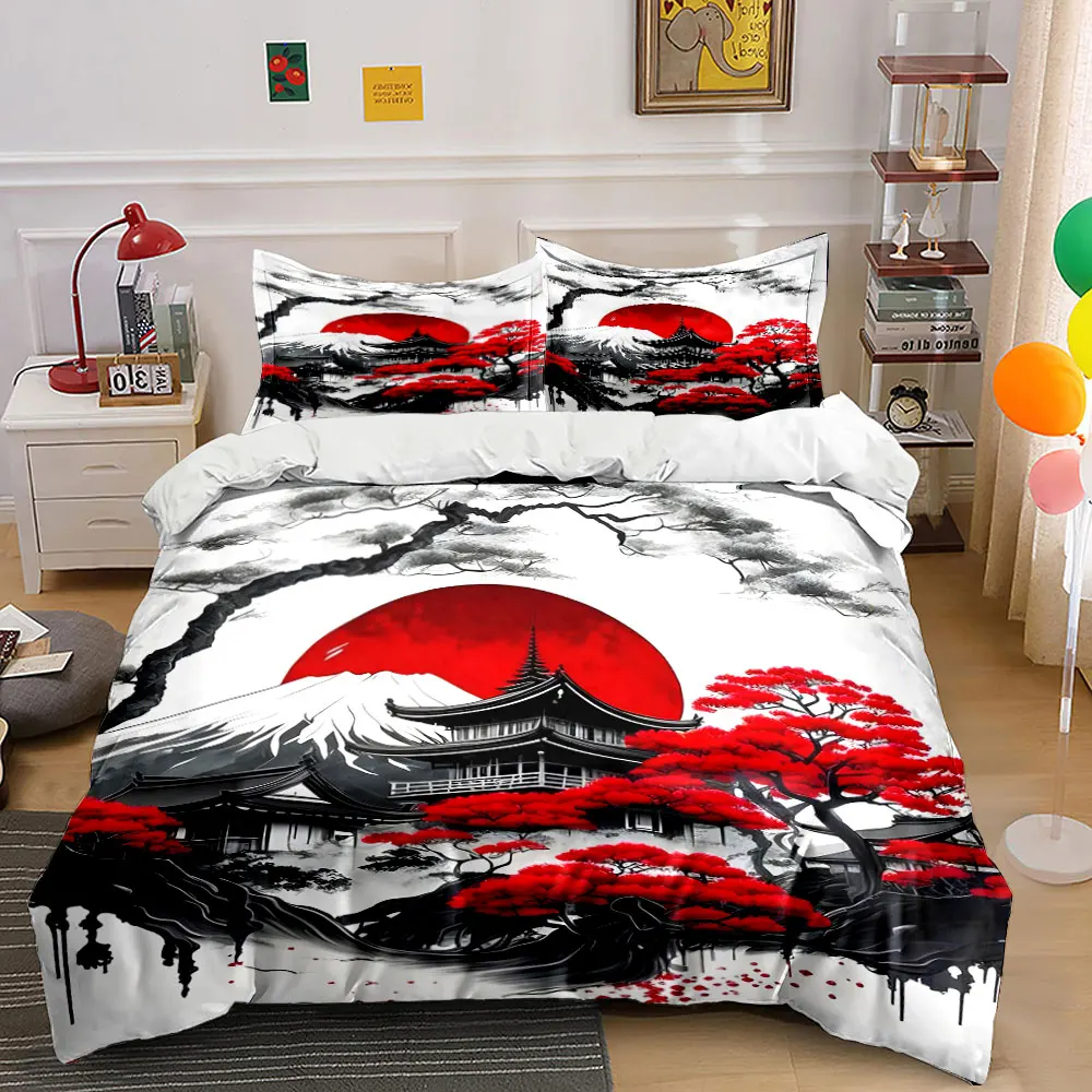 Red Sun, Snowy Peaks, Japanese Aesthetic Printed Duvet Cover Set1 Duvet Cover+2 PillowcaseMulti Size Bedroom Bedding Decor