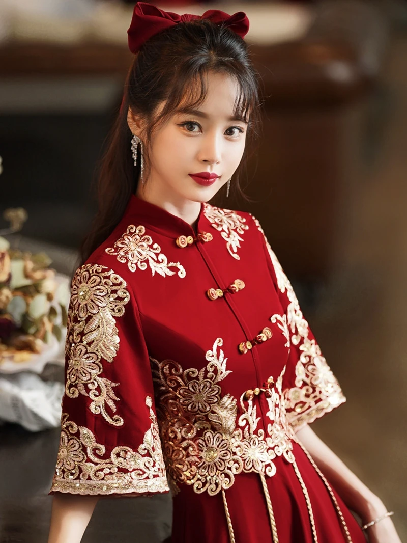 

Toast Dress Bride Cheongsam Spring and Autumn Wedding Engagement Dresses Female Chinese Style Dress Wine Red Long Section Thin