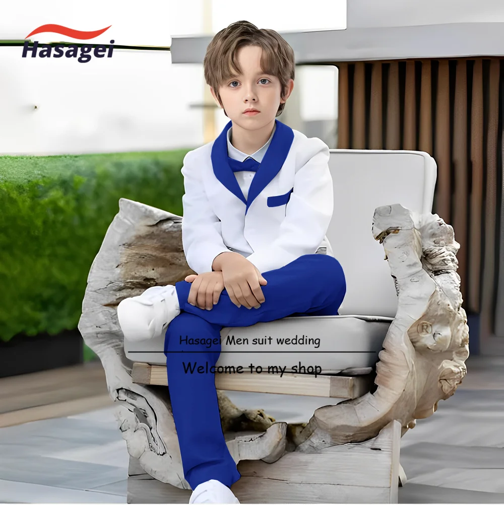 Holiday Boys Suit 2 Piece Set White Jacket Royal Blue Pants Wedding Tuxedo Kids Slim Fit Blazer 2-16 Years Old