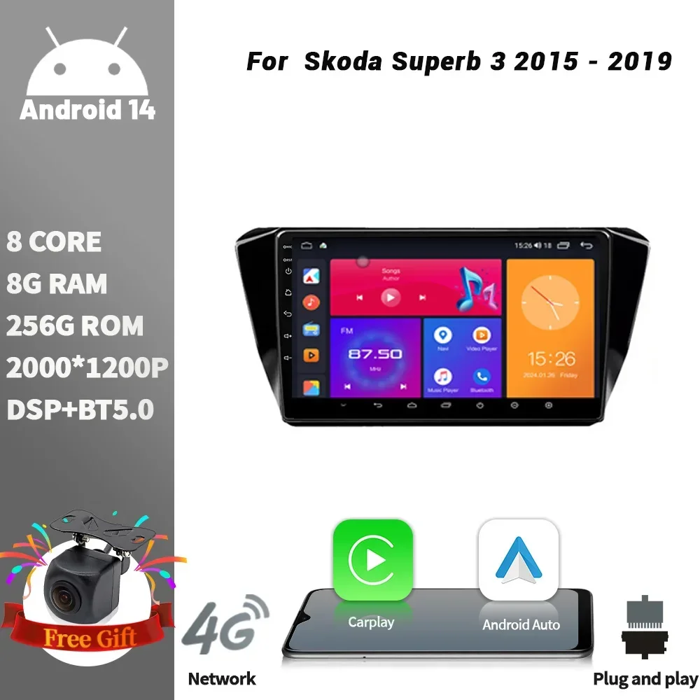 

For Skoda Superb 3 2015-2019 Car Radio Multimedia Player Navigation 2DIN Android Wireless CarPlay Screen Stereo WIFI 4G