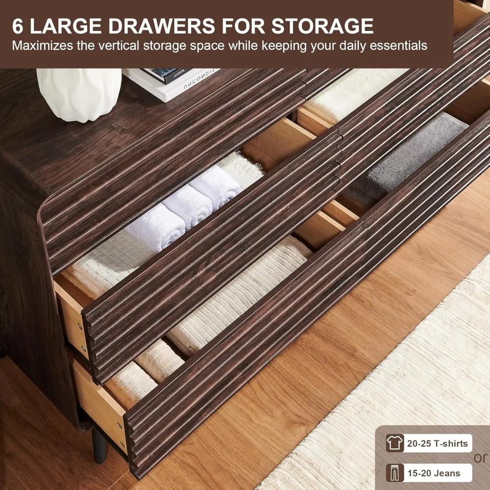 RedLemon Kommode mit 6 Schubladen für Schlafzimmer, 54'' breit, Mid-Century Modern, geriffelte Doppelkommode aus Holz, Kommode mit konischem L