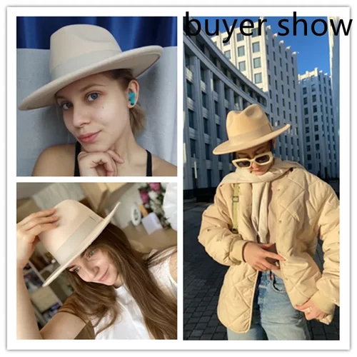 Imagen 2 del producto Sombrero Fedora, sombreros de invierno para mujer, banda de cinta, sombrero para hombre, ala ancha, clásico, Beige, boda, Iglesia, Bowler, nuevo gorro, chapeau femme