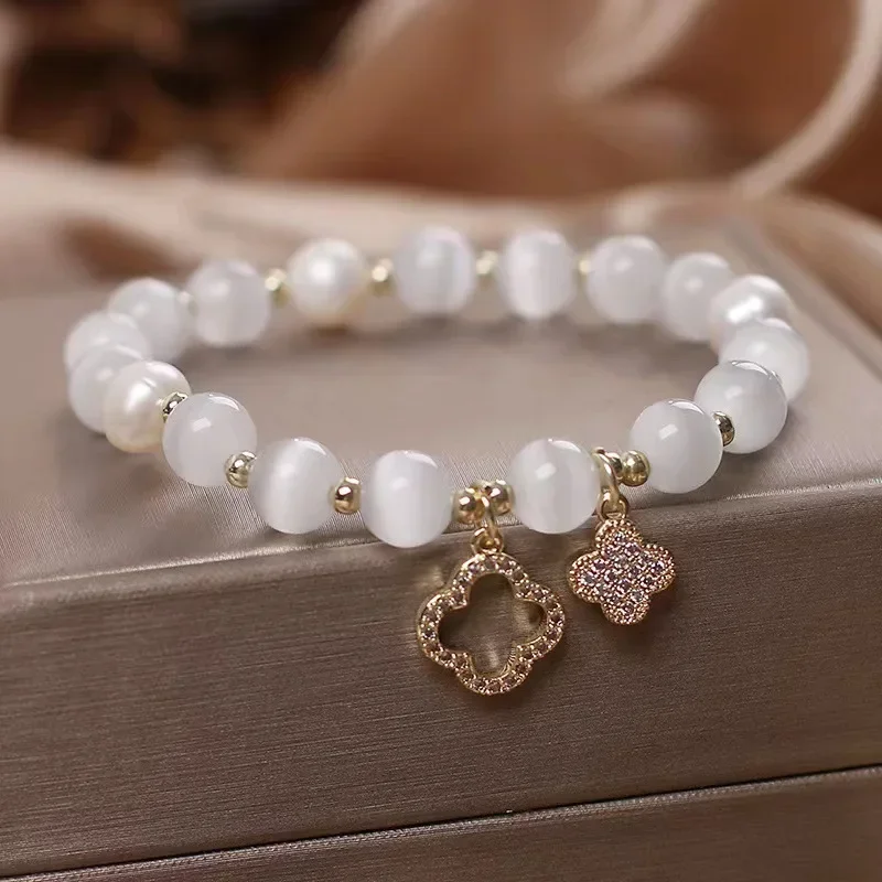 New Bracelet Women's Lucky Four-Leaf Flower Crystal Bracelet Elastic Rope Pearl Transfer Bead Hand Chain Jewelry Bangles Gift - Image 4