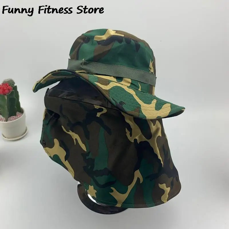 Summer Men Camo Panama Hat Detachable Mask Grassland Cap Tactical Sunscreen Bucket Hats Fishing Hiking Hunting Army Caps Outdoor