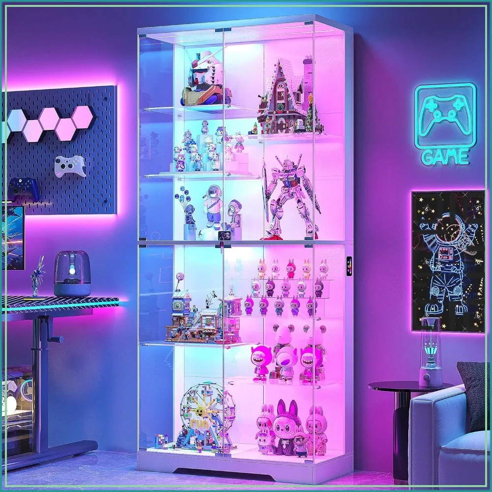 10-Tier Glass Display Cabinet with RGB Light & Motion Sensor, White, 4 Shelves