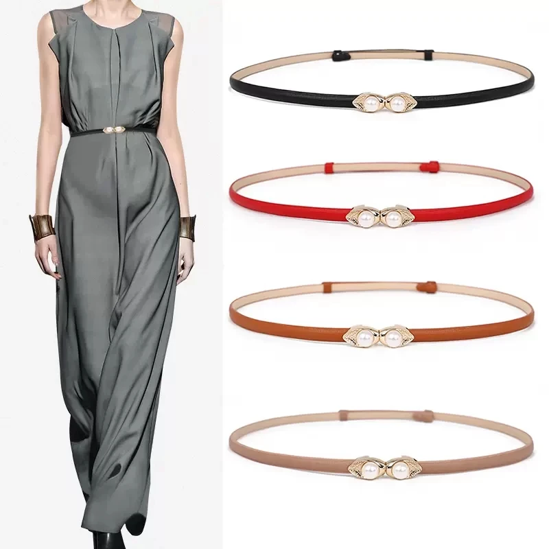 

Casual Women Belt Skinny Soft Genuine Leather Belts Slim Dress Fashion Waist Belt Gold Solid Pearl Shaped Buckle Waistband