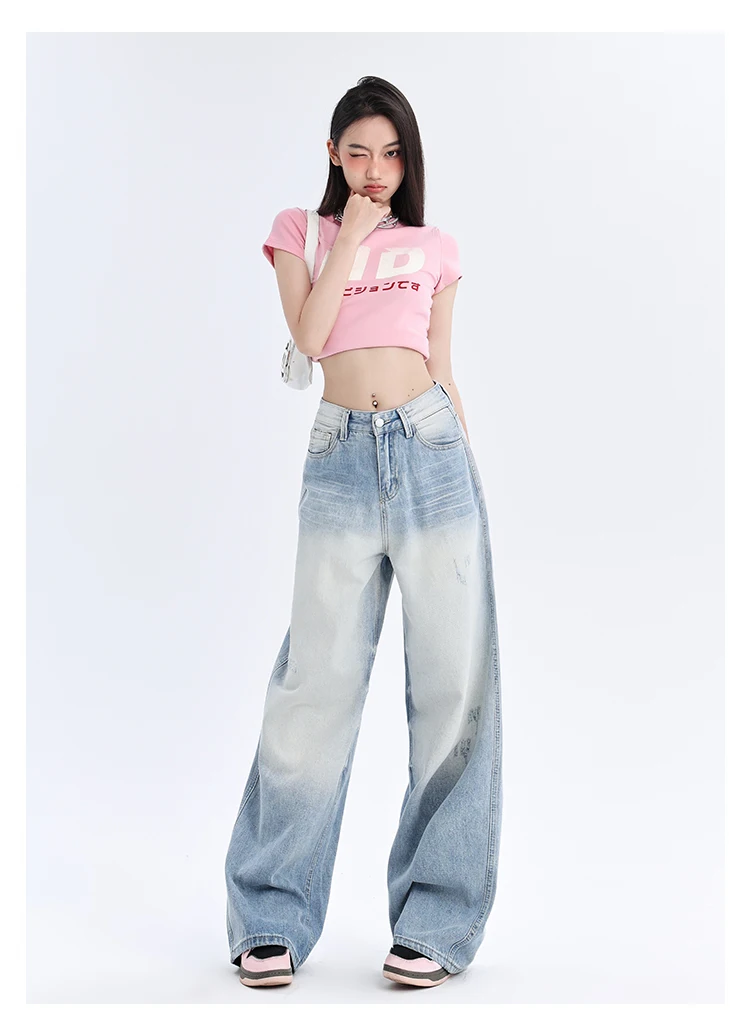 CHIC Ins Summer Autumn Vintage Bleached Women Denim Jeans Pants American Street  Girls Long Wide Leg Trousers Drop Shipping