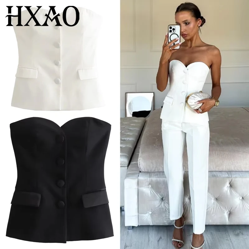 HXAO 2025 Women Crop Corset Top Summer Tanks & Camis White Black Tank Top Button Off Shoulder Sleeveless Tube Top Fashion Vests