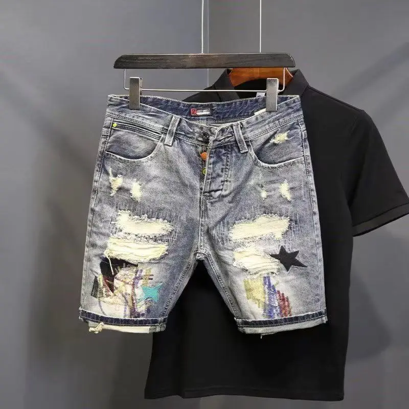 New High-Streets Summer Slim Denim Shorts for Men with Distressed Ripped Embroidered Cat Whiskers Hip Hop Streetwear Short Pants