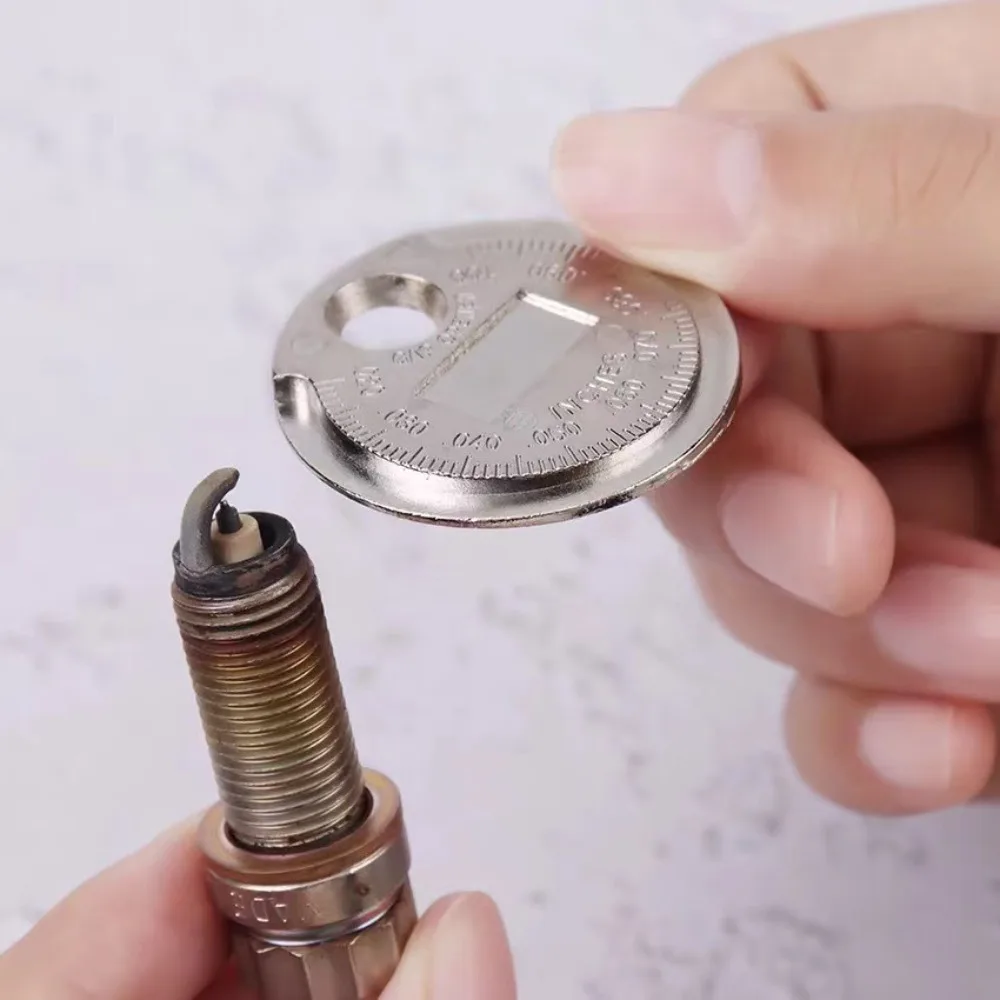 Coin-Type Spark Plug Gap Gauge Tool 0.6-2.4mm Range Silver Gage Gap Feeler Aluminum Alloy Caliber Measuring Tool