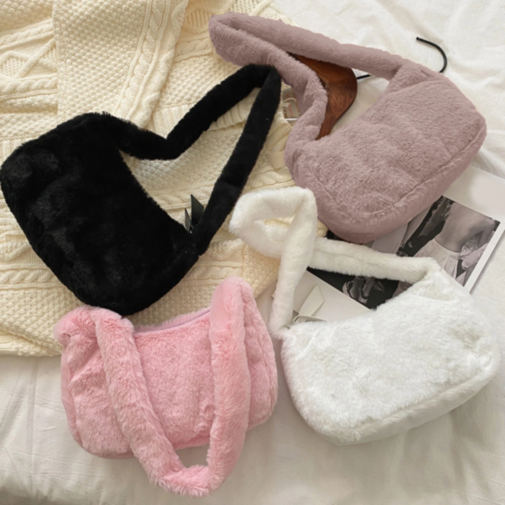 

Women Plush Bag Fashion Autumn Winter Soft Elegant Lady Handbag Simple High Quality Shoulder Bags Solid Color Cute Underarm Bag