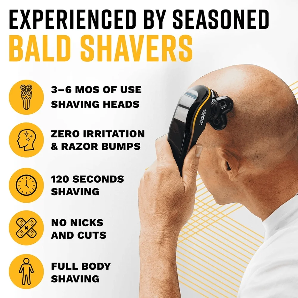 Ergonomic Bald Shaver IPX7 Waterproof Rotary Design Cordless Wet Dry Use 5 Blades Easy Clean Replaceable Head Cleaning Cup