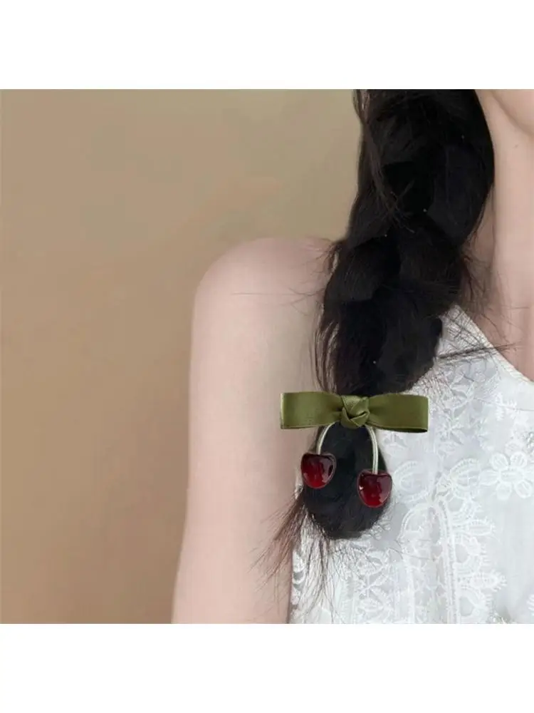 

39BD Cherry Bowknot Hair Bands and Hairpin for Girls And Kids Hair Clip Soft Elastic Hair Accessories For Daily Wear