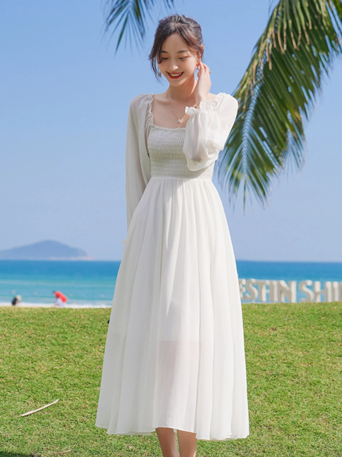 엘레 여름 비치 바캉스 롱 스커트 울트라 페어리 티 포레스트 시스템 스퀘어 칼라 롱 실크 쉬폰 슬리밍 드레스