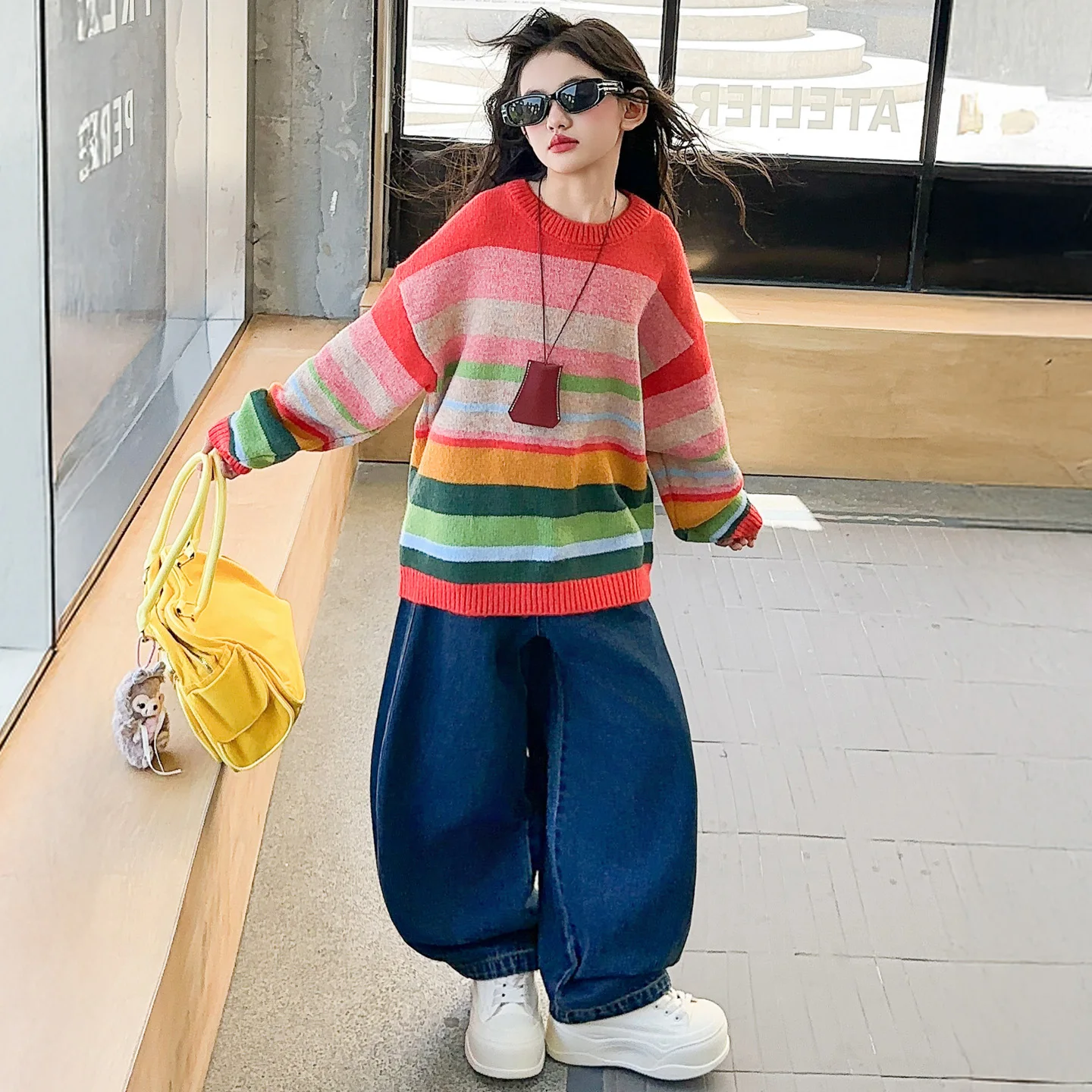 Girls' clothing Autumn rainbow sweater Korean version Loose knit pullover Shirt Casual striped sweaters Knitwear Tops for Kids