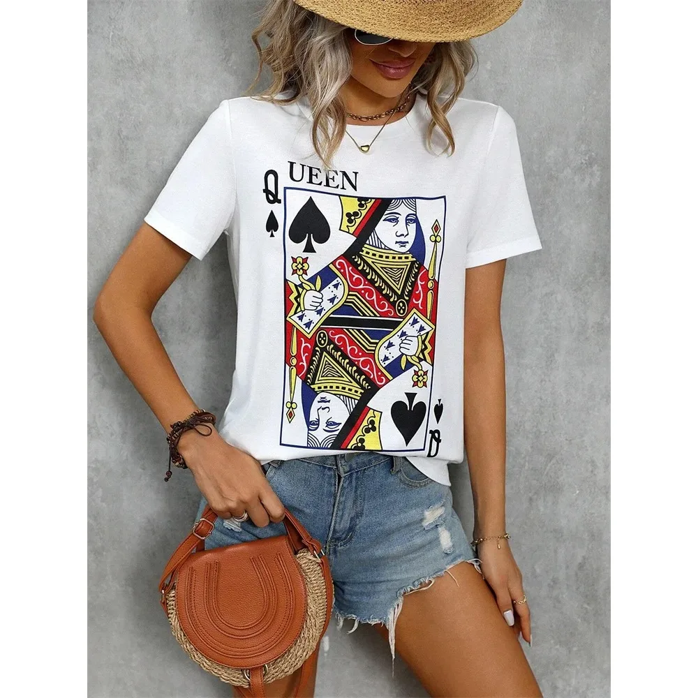 Camiseta con estampado de póker en 3D para mujer, Top informal de manga corta para uso diario, ropa de calle urbana a la moda con cuello redondo Y2K
