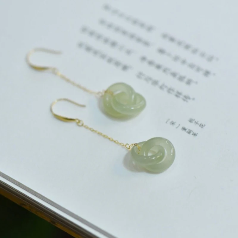Creative new silver inlaid natural Hetian jade chain long Interlocking earrings for women elegant fresh light luxury jewelry