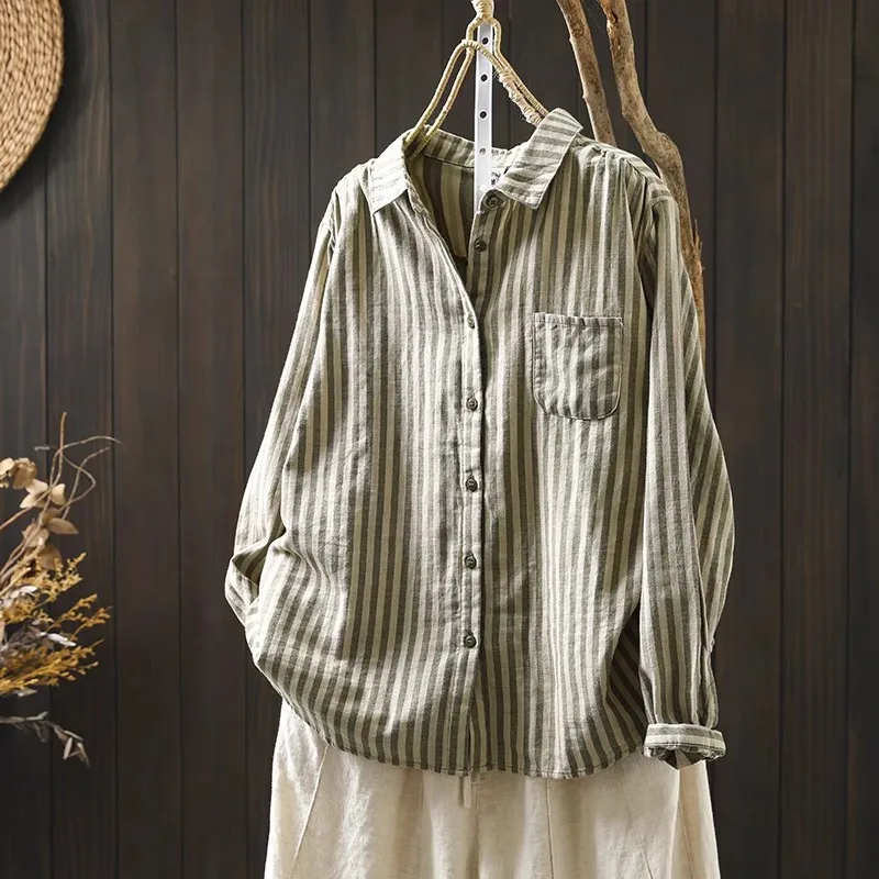 Autumn women\'s clothing 100% cotton yarn striped shirts and blouses for women Japan style casual vintage long sleeve tops