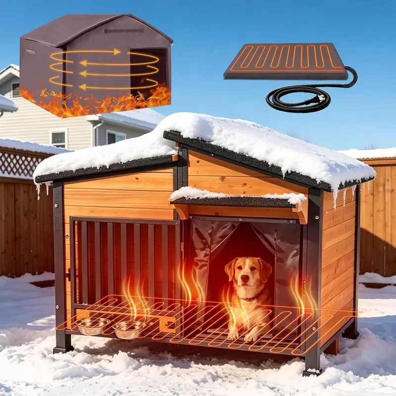 Heated Dog House Outdoor with Iron Frame and Rotating Bowls