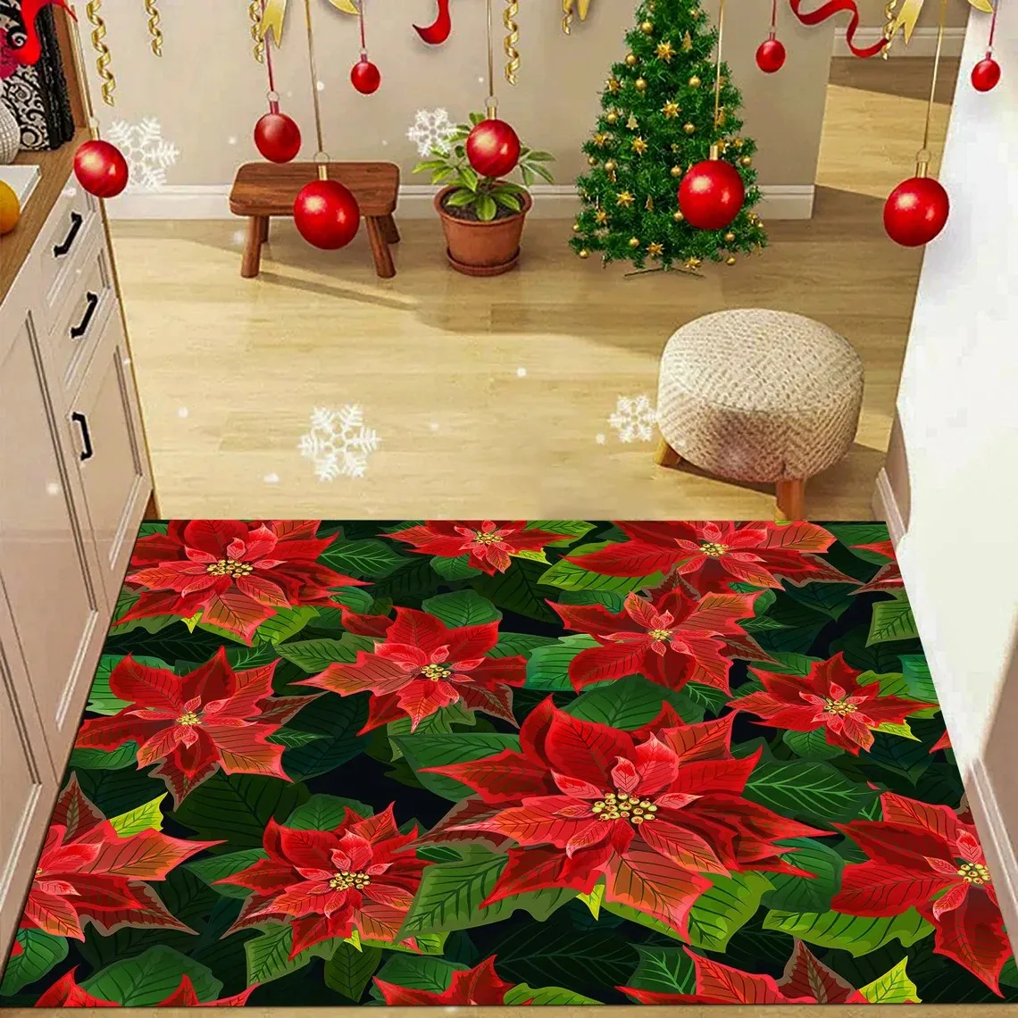 Christmas Floral Rectangle Rug Festive Poinsettia Perfect for Home Entrance Decor Durable Mat