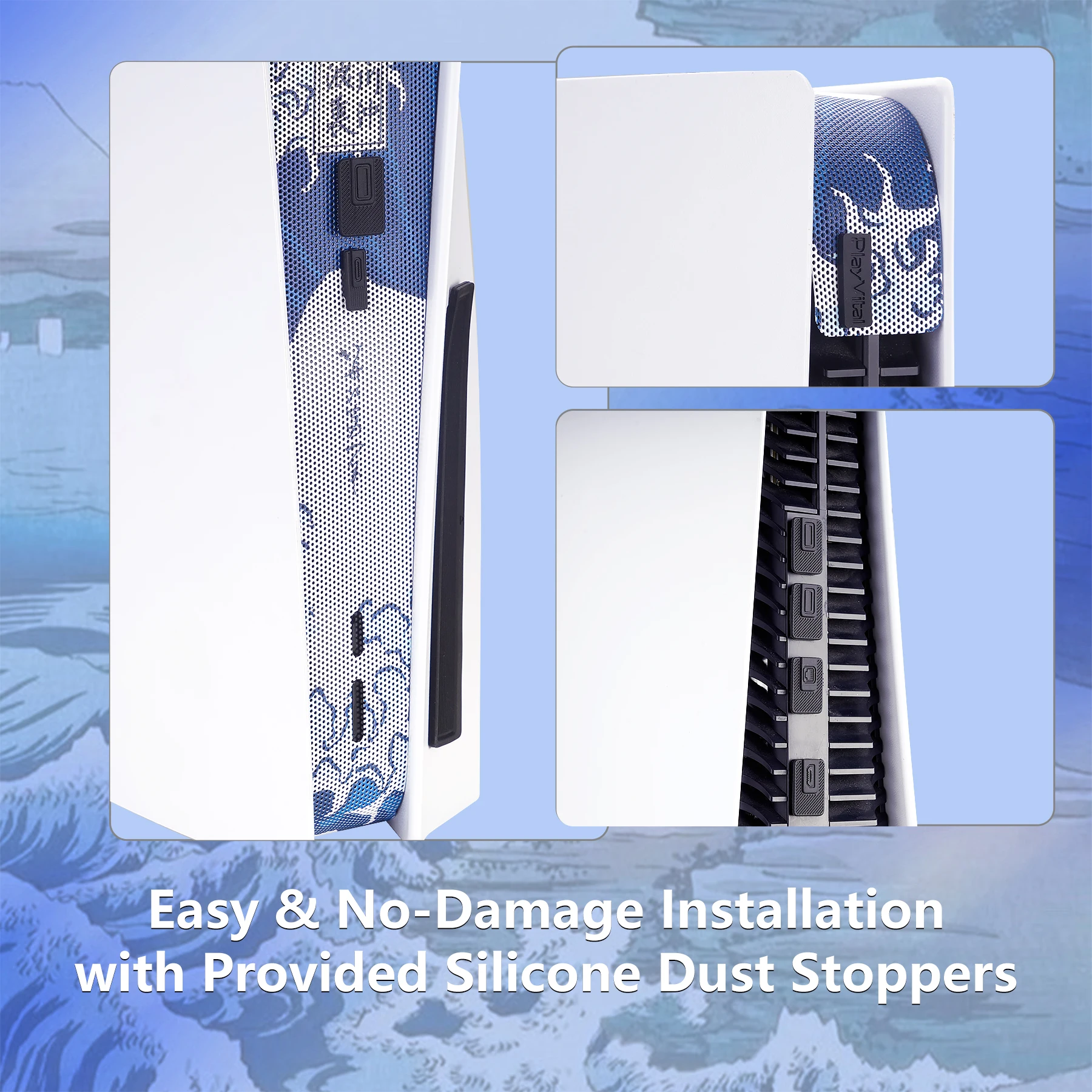 PS5 디스크/디지털용 PlayVital 먼지 필터 및 실리콘 포트 플러그 키트 – 12개의 플러그가 포함된 통기성 먼지 방지 네트 커버, 간편한 설치