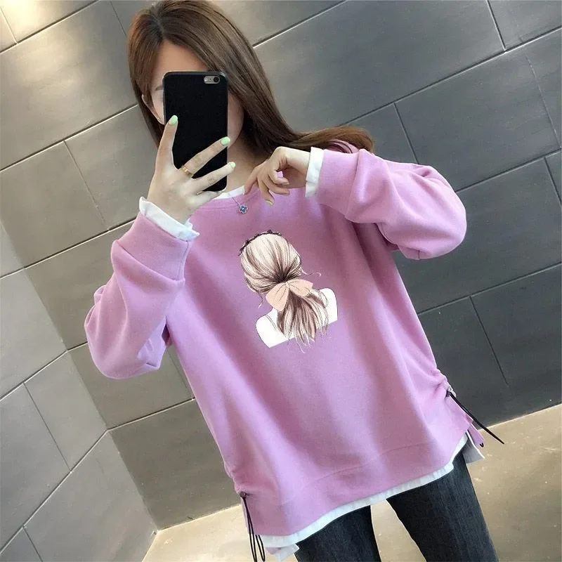 Falso duas peças hoodies feminino shirring impressão retalhos o pescoço sem chapéu roupas soltas simples manga longa lazer all-match outono