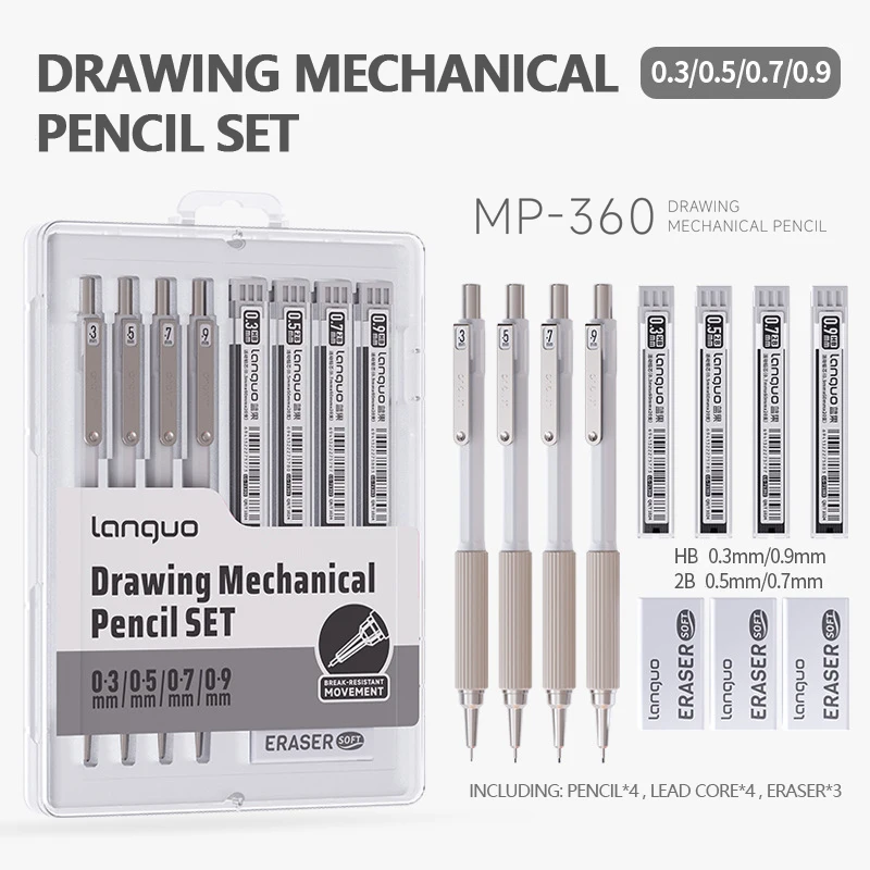 

Набор механических карандашей для рисования с ластиком и свинцовым сердечником 0,3/0,5/0,7/0,9 мм, мягкие выдвижные карандаши для письма в школе