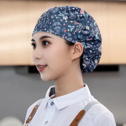 Imagen 2 del producto Gorros con estampado rosa Unisex, Gorro de trabajo para hombres y mujeres, Gorro doblado con flores, Gorro Enfermera Quirofano, Gorro de comida para mujeres, Gorro de Chef ventilado