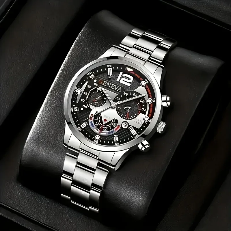 4-piece fashionable men's quartz watch set, shock resistant circular analog display, alloy strap and case, unboxed watch set