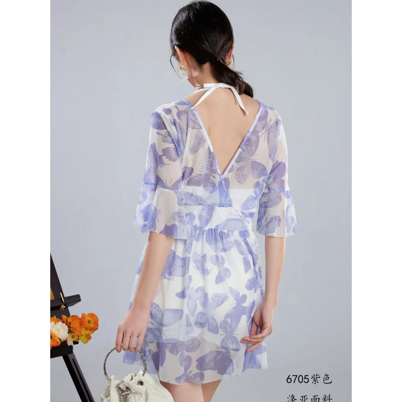 Minsu Beach New Korean Sexy Small Chest Gathered Underwire Sheer Long Dress Swimsuit for Women Hot Spring Swimwear