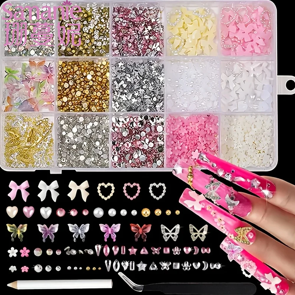 900pcs+ 15grid 3D Pink White Bow/Heart/Flower Nail Charms Alloy Butterfly & Glass Round Beads Nail Rhinestones Jewelr Supplies