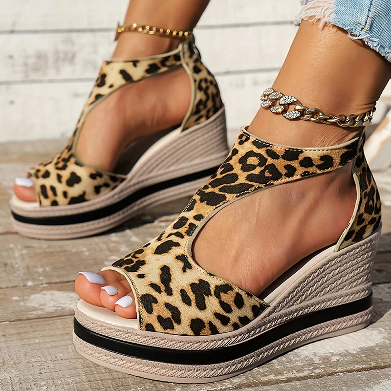 Leopard Platform Sandals for Women Open Toe High Heel Wedge Sandals Woman Pu Leather Gladiator Sandalias De Mujer Plus Size 43