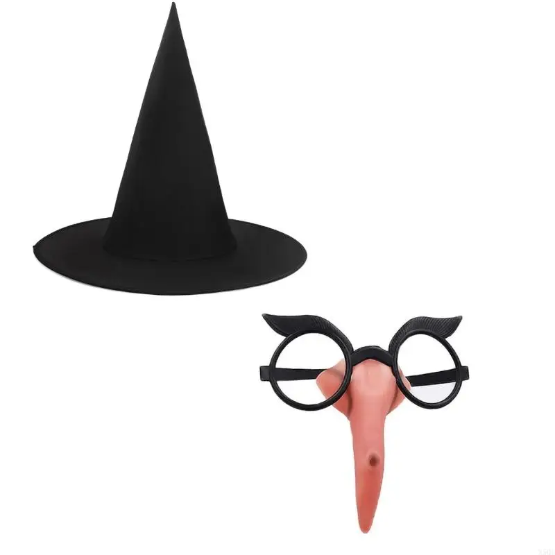 Halloweenowa czarownica Akcesoria Cosplay Kobiety Kostium czarownicy Kapelusz czarownicy i zestaw sztucznego nosa dla kobiet