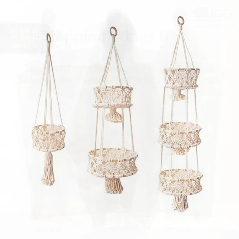 Cotton rope hand-woven tapestry bamboo ring net pocket fruit hanging basket bohemian style decorative plant flower basket