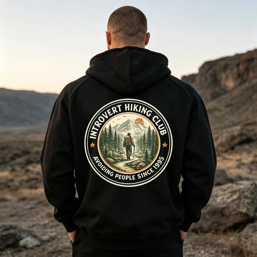 Introvert Hiking Club Vintage Circle Logo Graphic Hoodie Retro Mountain Pine Tree Hiker Sunset Art Print Sweatshirt Casual Tops