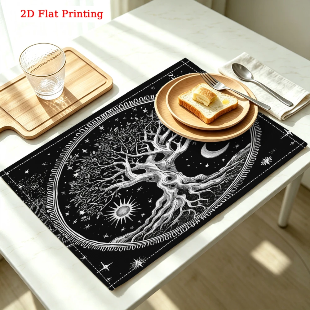 2Pcs Bohemian Placemat Black Tree Of Life Moon Stars Table Mat Kitchen Dining Decor Non Slip Heat Resistant 30X40Cm
