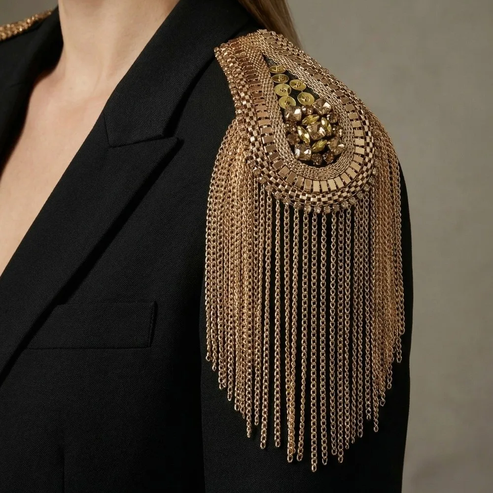 Rhinestone Decor Shoulder Tassel Epaulet Multi Tassel Rivet Design Detachable Shoulder Epaulettes Handmade Long Chain