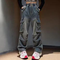Autumn Young Kids Cargo Jeans for Girls Pants Children Baggy Trousers School Teenagers Outfits Baby Clothes 5 7 9 10 11 12 Years